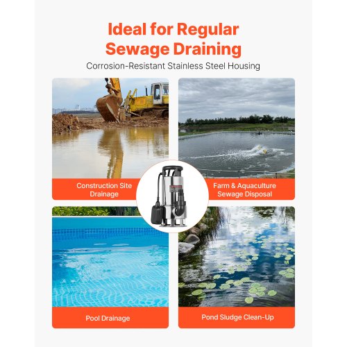 1 HP Submersible Sump Pump 5500 GPH Stainless Steel Submersible Sewage
