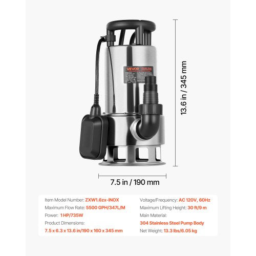 1 HP Submersible Sump Pump 5500 GPH Stainless Steel Submersible Sewage