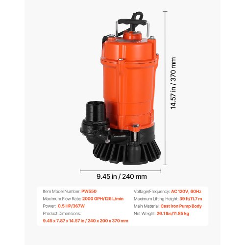 12 HP Submersible Trash Pump 2000 GPH 120V Cast Iron Submersible Sump