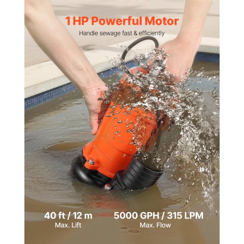 1 HP Submersible Trash Pump 5000 GPH 120V Cast Iron Submersible Sump