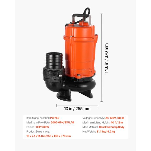 1 HP Submersible Trash Pump 5000 GPH 120V Cast Iron Submersible Sump