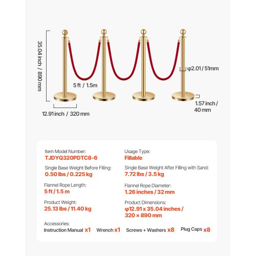 Stanchions and Velvet Ropes 8Pcs Hollow Base with Stainless Steel Post 6