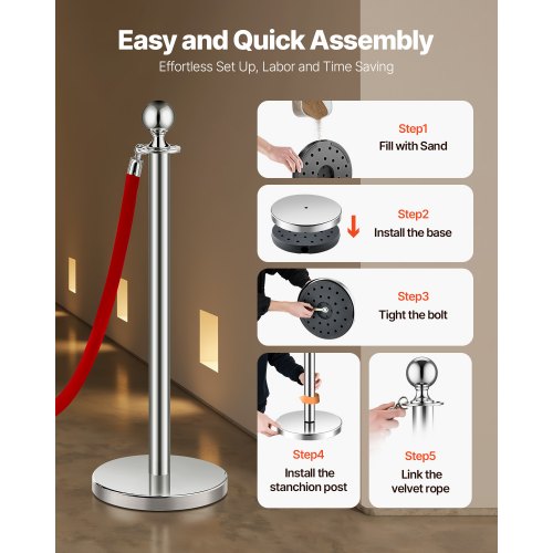 Stanchions and Velvet Ropes 6Pcs Hollow Base with Stainless Steel Post 3