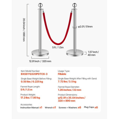Stanchions and Velvet Ropes 6Pcs Hollow Base with Stainless Steel Post 3
