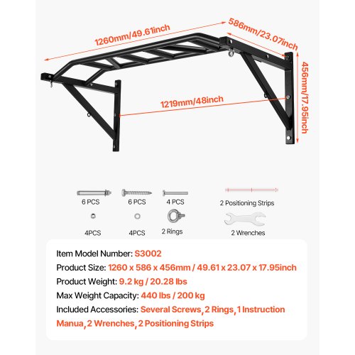 Pull Up Bar MultiGrip Wall Mounted Pull Ups 50 in Width Multifunctional