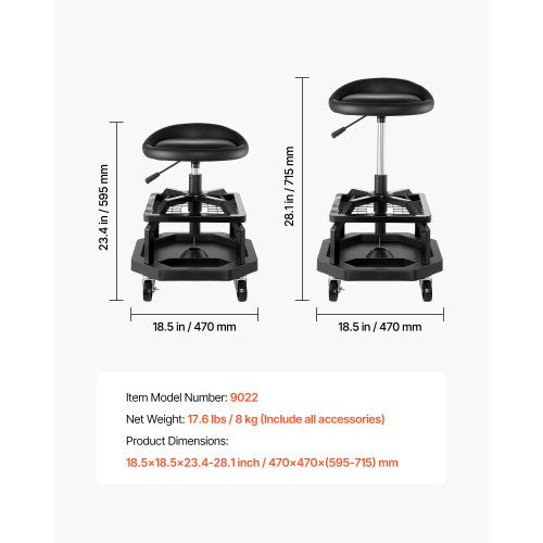 Rolling Shop Stool Pneumatic Garage SeatWork Stool with 300 lbs Capacity
