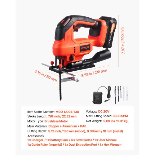 Cordless Jig Saw 20 V Brushless Motor 3500 SPM Blade Speed Cordless