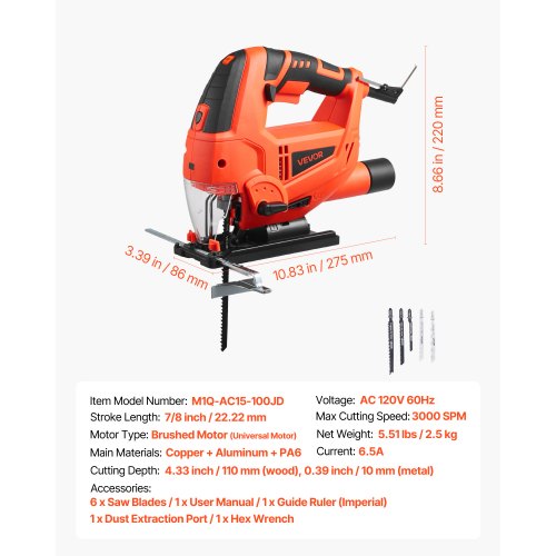 Jig Saw 6.5 Amp 3000 SPM Blade Speed Electric Jigsaw with 6 pcs Blades