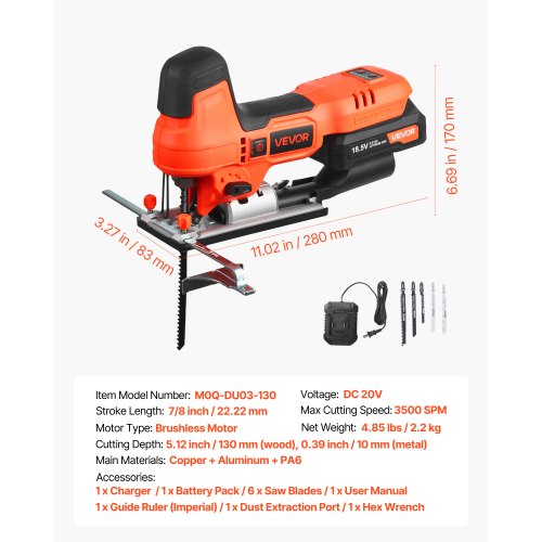 Cordless Jig Saw 20 V Brushless Motor 3500 SPM Blade Speed Cordless 1