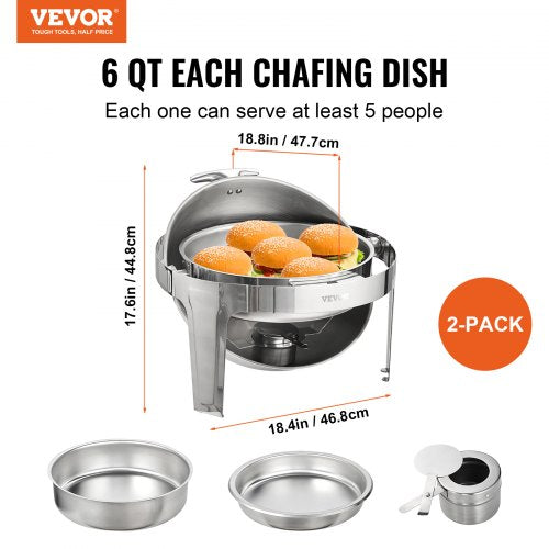 Roll Top Chafing Dish Buffet Set 6 Qt 2 Pack Stainless Steel Chafer with 2