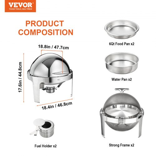 Roll Top Chafing Dish Buffet Set 6 Qt 2 Pack Stainless Steel Chafer with 2