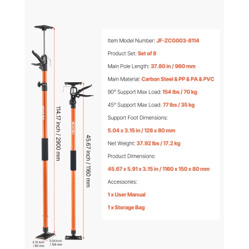 Cabinet Jack Support Pole 8Pack 4571142 Inch Steel Telescopic Quick