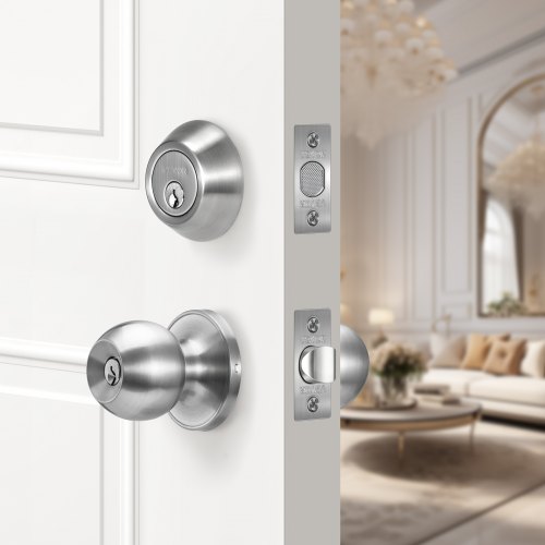 Door Knob and Deadbolt Set Satin Nickel Entry Door Knob and Single Cylinder