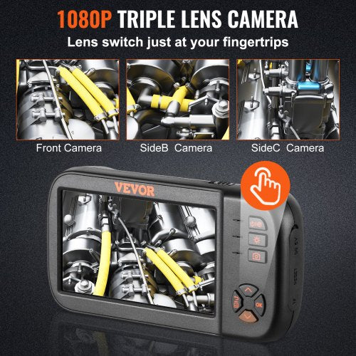 Borescope Camera Triple Lens Endoscope Camera with Light 45 Screen 1080P