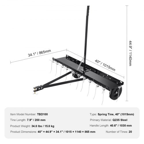 Tow Behind Dethatcher 40inch Tow Dethatcher with 20 Spring Steel Tines