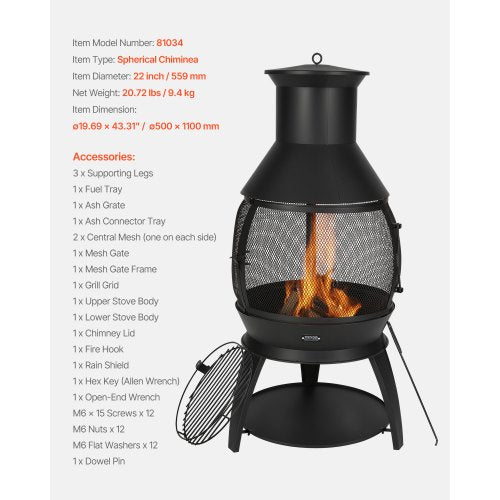 Chiminea 22 Inch Outdoor Wood Burning Firepit Iron Spherical Fireplace for BBQ