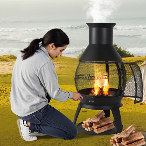 Chiminea 22 Inch Outdoor Wood Burning Firepit Iron Spherical Fireplace for BBQ