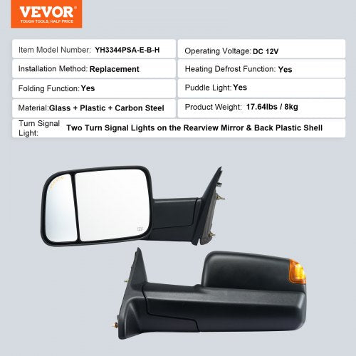 Towing Mirrors for 20092018 Dodge Ram 1500 20102018 Ram 2500 3500