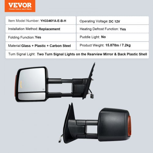 Towing Mirrors Left Right Pair Set for 20072016 Toyota Tundra Power