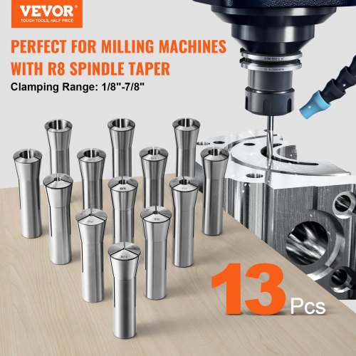 13 pcs Precision R8 Collet Set, 1/8'' - 7/8'', 45# Alloy Steel Mill Collet Chuck 0.0012"/30?m TIR with 13 Labeled Storage Boxes, for Milling Machine Drill Presses Boring Machine Machining Center