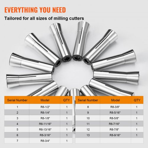 13 pcs Precision R8 Collet Set, 1/8'' - 7/8'', 45# Alloy Steel Mill Collet Chuck 0.0012"/30?m TIR with 13 Labeled Storage Boxes, for Milling Machine Drill Presses Boring Machine Machining Center
