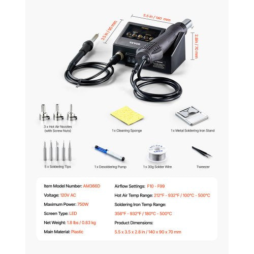 2in1 Hot Air Rework Station Soldering Station 750W Digital Rework and Soldering