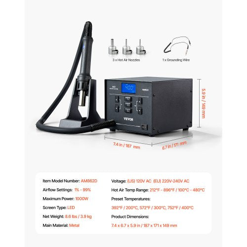 Hot Air Rework Station 1000W Digital SMD Rework Station 212896 Hot Air