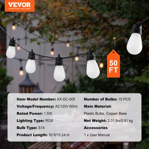 RGB Outdoor String Lights 50FT Outside Patio Lights with APP Control 15