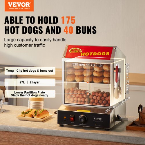 Commercial Hot Dog Steamer 2Tier Electric Bun Warmer 285QT Slide Doors  27L