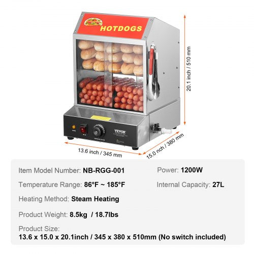 Commercial Hot Dog Steamer 2Tier Electric Bun Warmer 285QT Slide Doors  27L