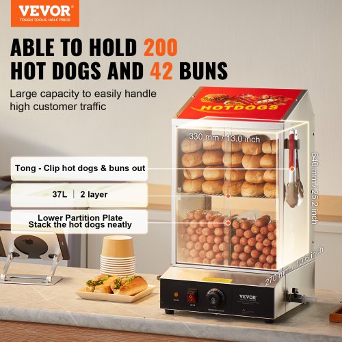 Commercial Hot Dog Steamer 2Tier Electric Bun Warmer 39QT Slide Doors – 37L