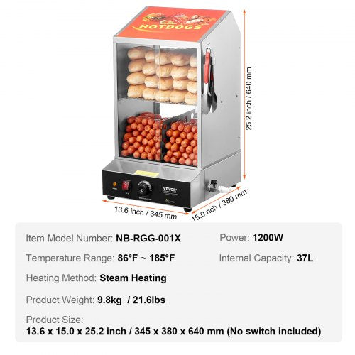 Commercial Hot Dog Steamer 2Tier Electric Bun Warmer 39QT Slide Doors – 37L