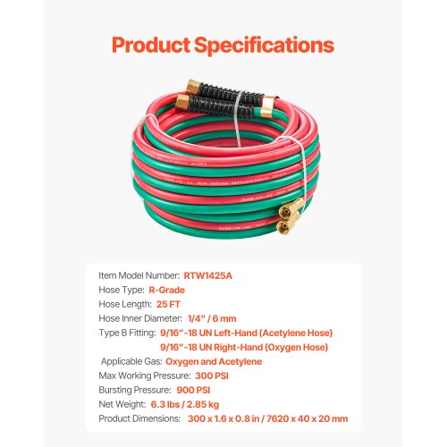 Oxygen Acetylene Hose 14Inch x 25FT Oxy Acetylene Hose with 91618