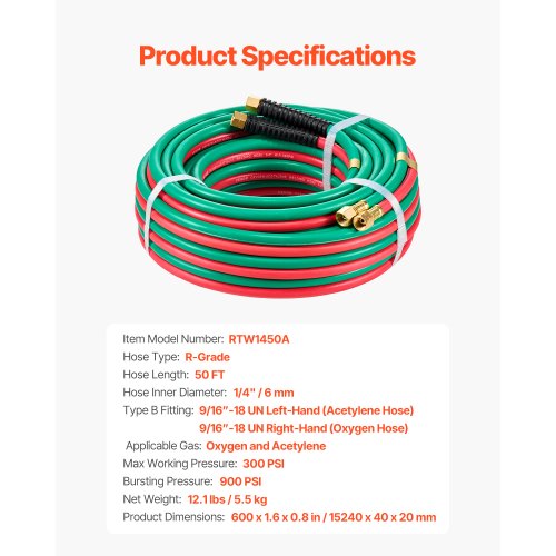 Oxygen Acetylene Hose 14Inch x 50FT Oxy Acetylene Hose with 91618