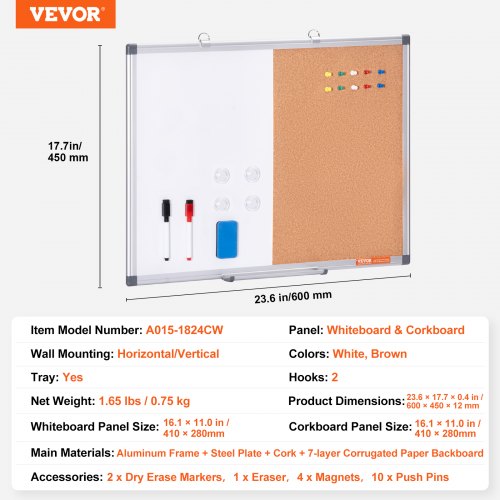 24x18 Whiteboard Cork Board Combo with Aluminum Frame  2in1 Magnetic