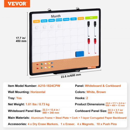 24x 18 Monthly Calendar Whiteboard Cork Board Combo with Aluminum Frame