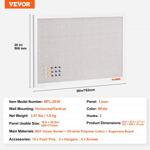 30x20 White Cork Board with Linen Surface  Stylish WallMounted Bulletin