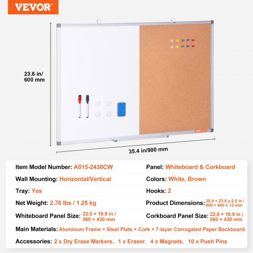 36x 24 Whiteboard Cork Board Combo with Aluminum Frame  2in1 Magnetic