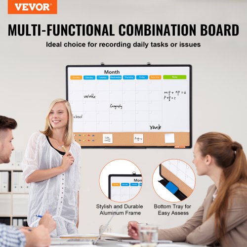 36x 24 Monthly Calendar Whiteboard Cork Board Combo with Aluminum Frame