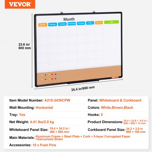36x 24 Monthly Calendar Whiteboard Cork Board Combo with Aluminum Frame