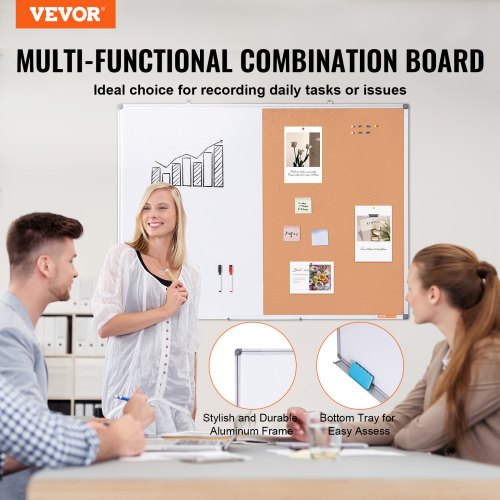48x 36 Whiteboard Cork Board Combo with Aluminum Frame – 2in1 Magnetic