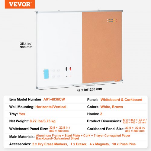 48x 36 Whiteboard Cork Board Combo with Aluminum Frame – 2in1 Magnetic