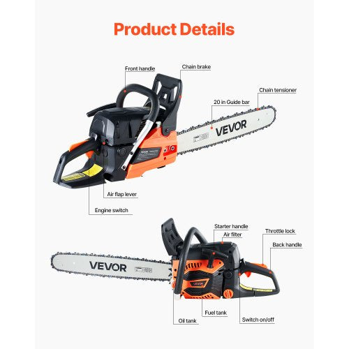 62 cc Gas Chainsaw 20 inch Gas Powered Chainsaw 3.8 HP Power Chain Saw