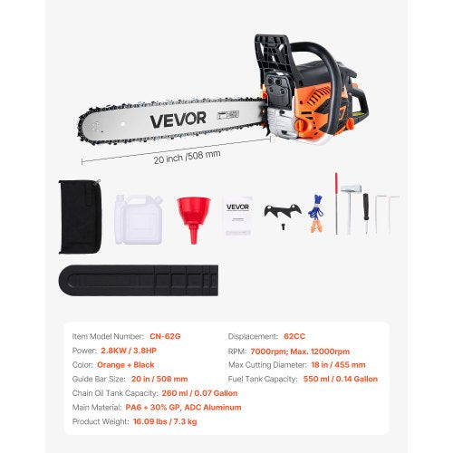 62 cc Gas Chainsaw 20 inch Gas Powered Chainsaw 3.8 HP Power Chain Saw
