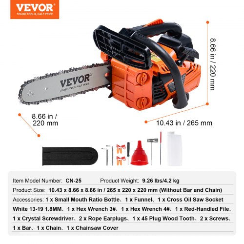 Gas Chainsaw 25.4CC 12" 1.2HP Gasoline Powered Chain Saw Handheld