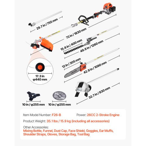 Gas Hedge Trimmer 2 Cycle Power Handheld 6In1 26Cc Weed Eater With Extension