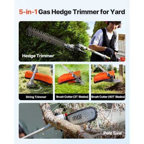 Gas Hedge Trimmer 2 Cycle Power Handheld 5In1 63Cc Cordless Weed Eater With
