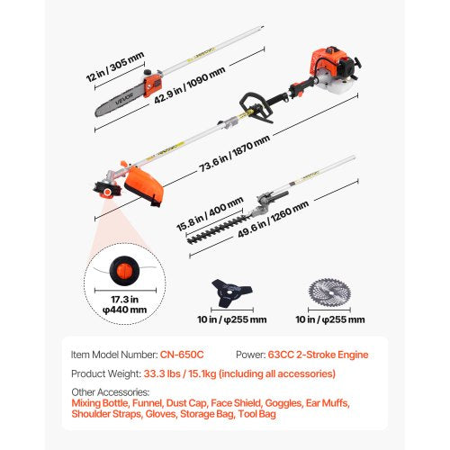 Gas Hedge Trimmer 2 Cycle Power Handheld 5In1 63Cc Cordless Weed Eater With
