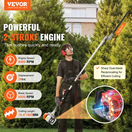 15.7inch 26CC 2 Cycle Gas Hedge Trimmer Gas Powered Pole Hedge Trimmer