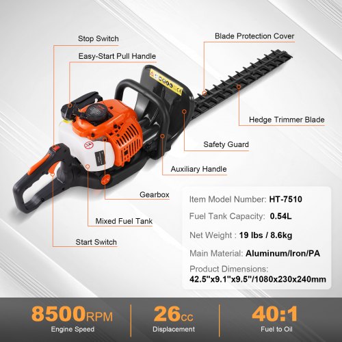 232inch 26CC 2 Cycle Gas Hedge Trimmer Gas Powered Handheld Hedge Trimmer